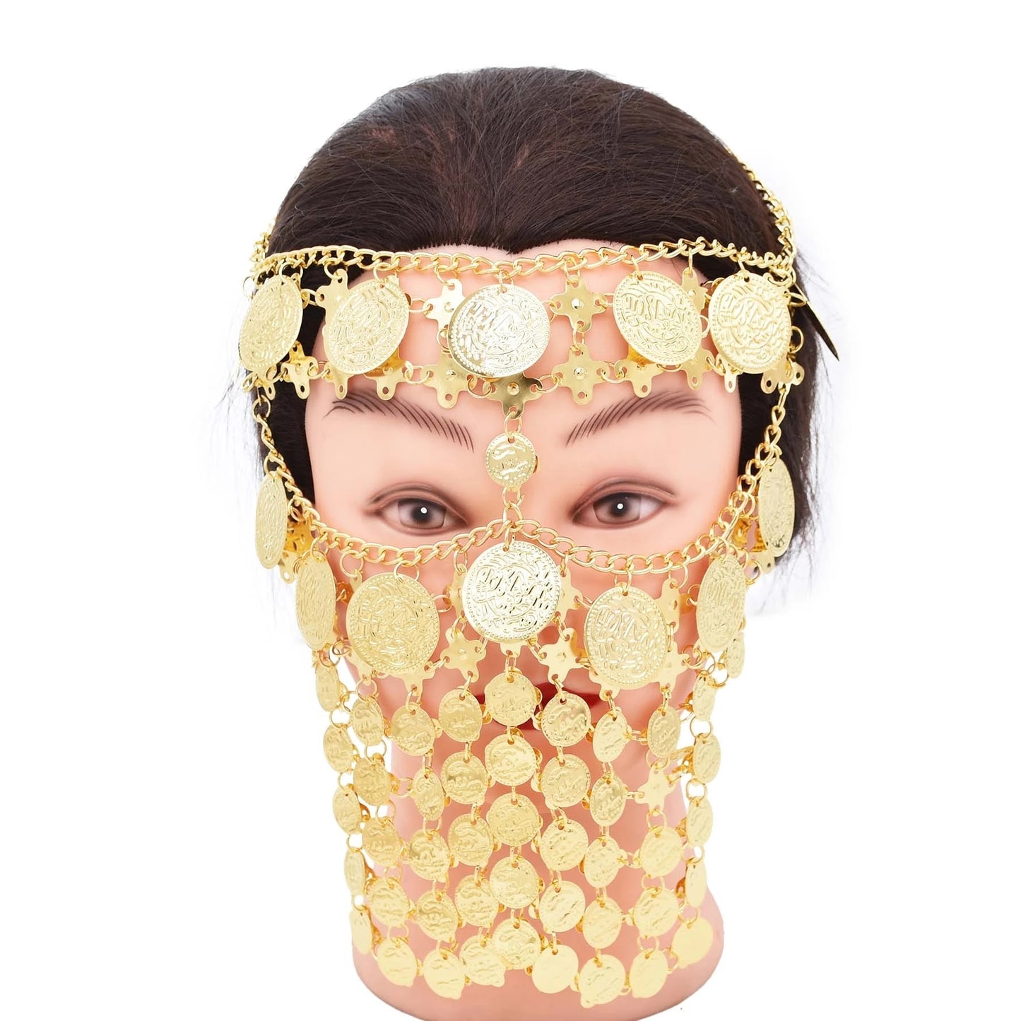 Máscara de mascarada con borla y moneda de lujo para mujer, velo, cadena para la cara, danza del vientre, escenario, diademas para fiesta, regalo bohemio para el cabello