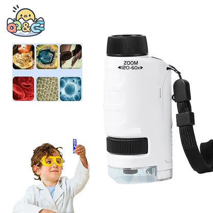 Juguetes para niños, experimentos de ciencia, kits de microscopio de bolsillo 60-120x, Mini microscopio educativo de mano, luz, vástago de juguete para niños, regalos