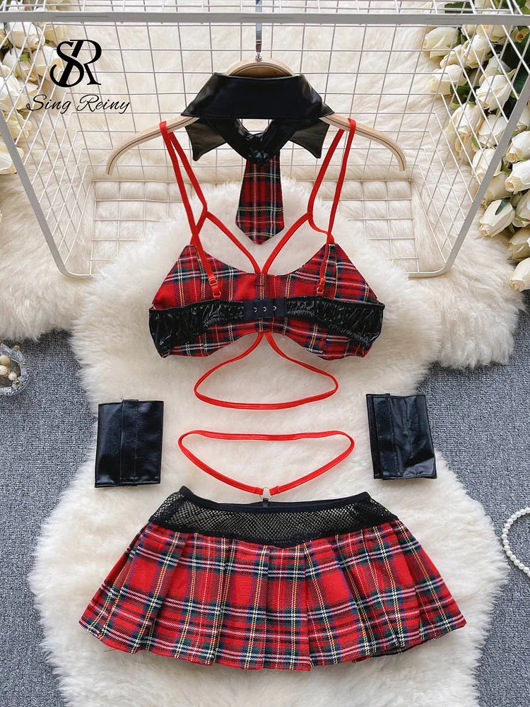 Plaid   Nightwear Two Pieces Set Women Backless Mini Camis+ Short Skirt Preppy Cosplay Sexy Underwear Suits Wanita