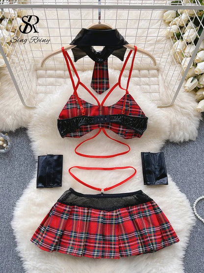 Conjunto de dos piezas de ropa de dormir a cuadros para mujer, Mini camisola con espalda descubierta + Falda corta, ropa interior Sexy de Cosplay Preppy, trajes Wanita