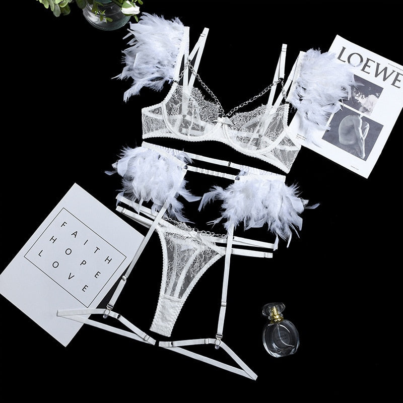 Feather Lingerie Sexy Underwear Women Body Transparent Bra Metal Chain Lace  3-Piece Set Luxury Intimate