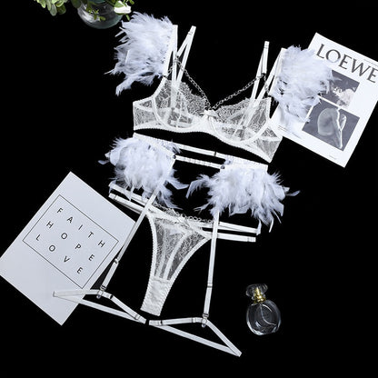 Feather Lingerie Sexy Underwear Women Body Transparent Bra Metal Chain Lace  3-Piece Set Luxury Intimate