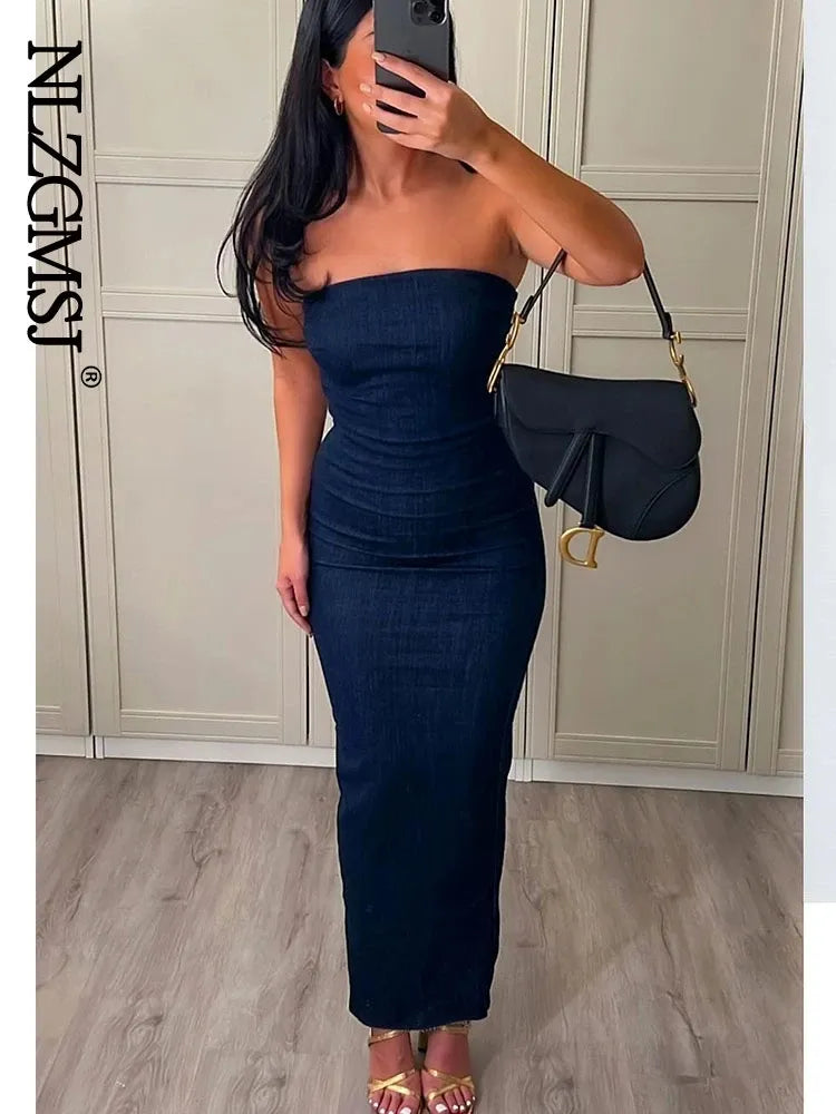 Nlzgmsj ONKOGENE Sexy trägerloses rückenfreies Reißverschluss-Split-Kleid Party Blue Denim weibliches langes Kleid für Frauen Sommerabendkleider