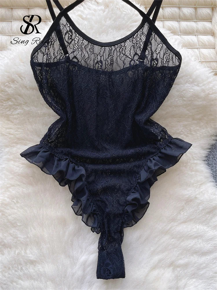 Rüschen Süße durchsichtige Playsuits Neckholder ärmellose rückenfreie schlanke Nachtwäsche 2023 Damen Strap Lace Sexy Bodys Wanita