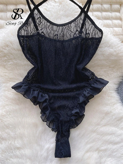 Ruffles Sweet  Sheer Playsuits Halter Sleeveless Backless Slim Nightwear 2023 Ladies Strap Lace Sexy Bodysuits  Wanita