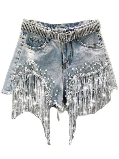 Sommer Elegante Shorts Dame Quaste Perlen Hohe Taille Breite Bein Denim Shorts Weibliche Casual Solide Shorts Jeans für Frauen Kleidung