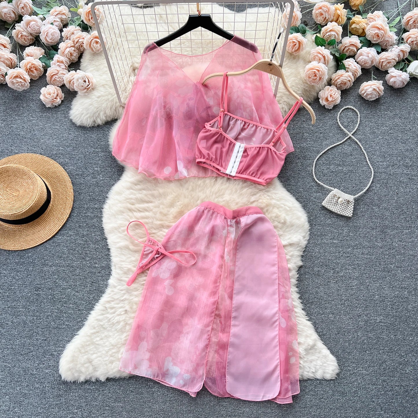 Women Floral Print   Outfit Ladies Elastic Camis+Lace Up Skirt+Thongs 2023 Transparent Sexy Nightsuits Wanita