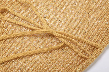 Gold Pailletten Halfter Kapuze Sexy Hohl Gestrickte Tank Tops und Shorts 2 Stück Set Frauen Rückenfreie Sommer Club Party Outfits