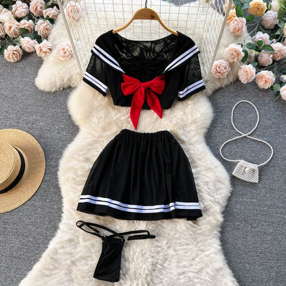 Preppy Style Cosplay Sheer Nightsuits Female Bow Sweet Short Top+Mini Skirt+Thongs 2023 Transparent   Outfit Wanita