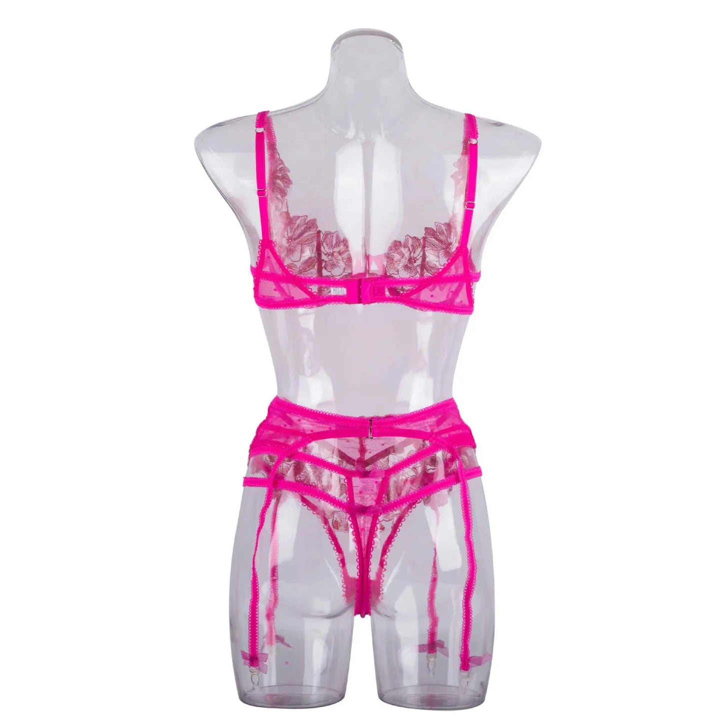 Ausgefallene rosa Dessous mit Blumenstickerei, sexy Tangas, Strumpfhalter-BH-Anzug, 3-teilig, zarte Luxus-Spitze, schöne Unterwäsche