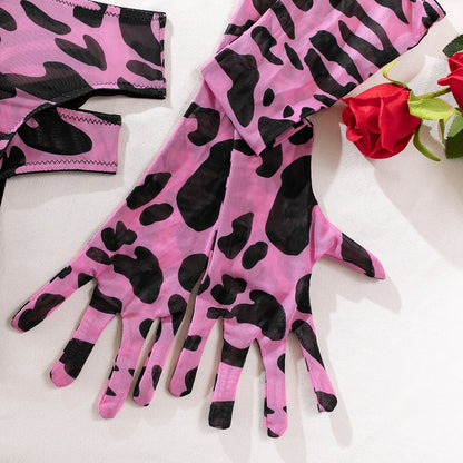 Lencería de leopardo con guantes de media, ropa interior sin costuras, conjunto de liguero Sensual, trajes sexys íntimos rosa