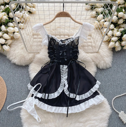 Lace Up Sweet Cosplay Sensual Mini Dress Women Strap Ruffles Nightwear+Thongs 2023  Sexy Sheer Nightdress Wanita