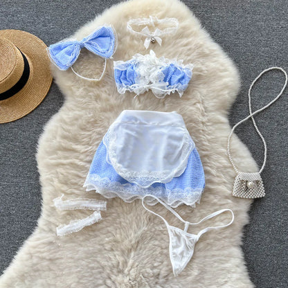 2023 Cosplay  Three Pieces Sets Ladies Strapless Mini Camis+A Line Skirt+Thongs Sweet Lace Plaid Sexy Nightsuits Wanita