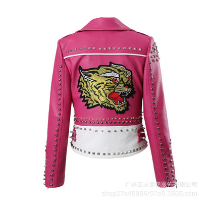 Frühlings- und Herbst-Rosa-Lederjacken für Damen, Tiger-bestickte Kunstleder-Moto-PU-Jacke und Mantel mit Nieten