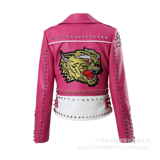Chaquetas de cuero rosa de primavera y otoño para mujer, chaqueta de Moto PU de cuero sintético con bordado de tigre y abrigo con remaches
