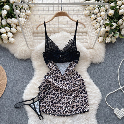 Leopard Print Sexy Short Dress Ladies Strap Sleeveless Slim  Split NIghtwear+Thongs Chain  Lace NIghtdress Wanita