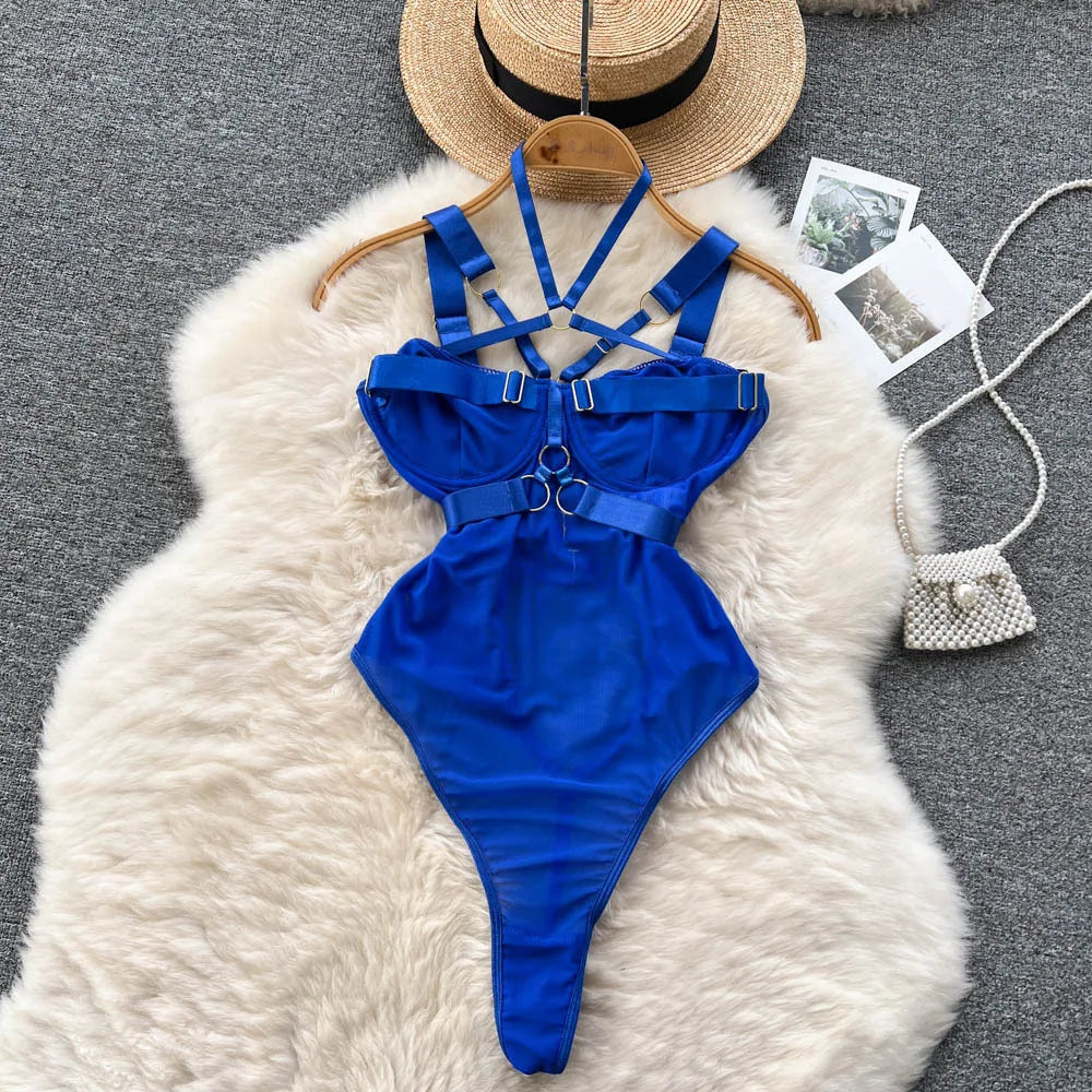 Fashion Sheer Sexy Bodysuits Women Buckle Crossing Halter Strap Open Crotch Nightwear Hollow Out Slim Sensual Playsuit Wanita