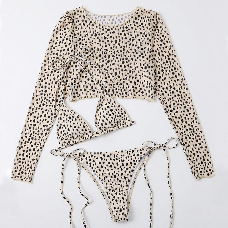 Traje de baño de leopardo para mujer de 3 artículos, microbikini con cuello Halter, traje de baño con estampado por separado, ropa de playa brasileña de cintura baja