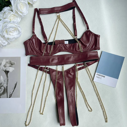 Sinnliches Leder-Dessous-Halbschalen-BH-Set, Push-Up mit Kette, Sissy Crotchless Naked Bilizna Outfit, PU, ​​unzensiert