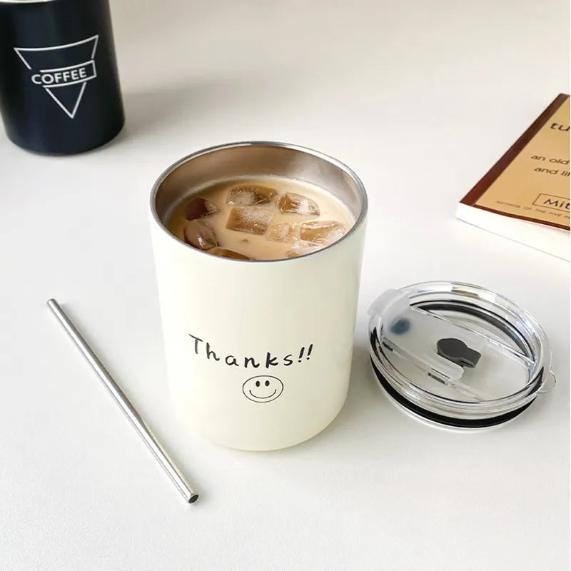 Ins Coffee Cup Thermoses Stainless Steel Water Bottle Straw Cup Ice American Coffee Mug Double-layer Vacuum Flask Couple Cup