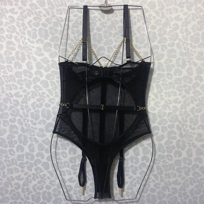 Body ajustado con cadena para Fitness, cuerpo de malla transparente para mujer, Tops de una pieza de encaje transparente, Teddy Sissy de fantasía para club nocturno