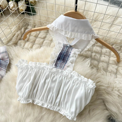 Maidservant Lace   Suits Halter Splice Bow Mini Bra+Short Skirt+Thongs Ruffles JK Cosplay Sensual Nightsuits Wanita