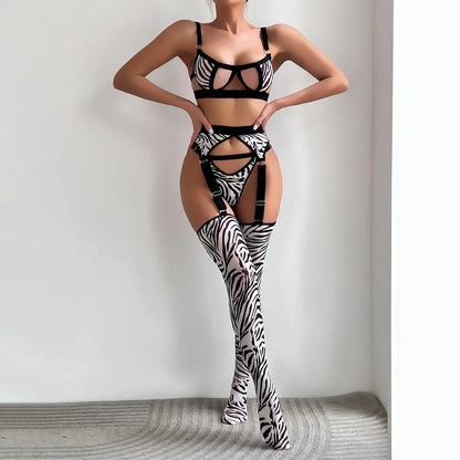 Zebra Sexy Strümpfe Dessous Cup Out BH Brasilianisches Intimset Fantasy Kostüm Passende G-String Outfits