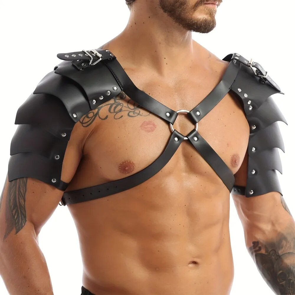 Mens PU Leather Harness Double Shoulder Armors Buckles Sexual Body Chest Harness Belt for Adult Cosplay Halloween Party