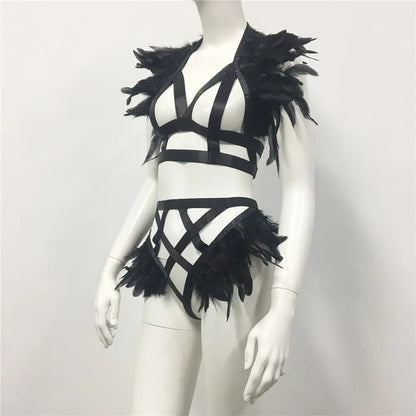 Punk Gothic Feather Harness Set Nightclub Hollow Out Tank Tops Sexy Lingerie Festival Rave Carnival Party Women 2 Piece Outfits