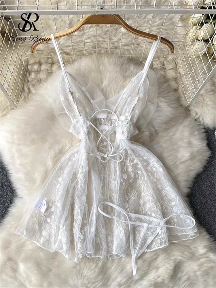 Damen Strap Mesh Sinnliches Nachtkleid Ärmelloses Blumenstickerei Transparentes Kleid + Tangas 2023 Hotsweet Spitzennachtwäsche Wanita