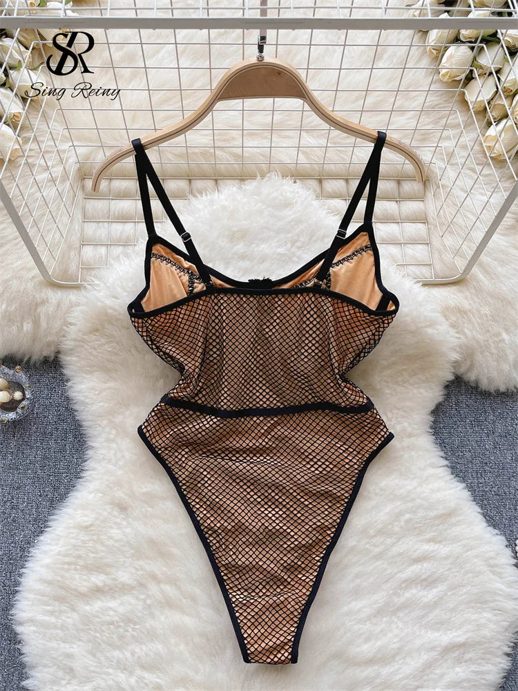 Wanita Damen-Träger, rückenfrei, sexy Bodys, ärmellos, Korsett-Hülle, sinnlicher Bikini, 2023, modische Mesh-Playsuits