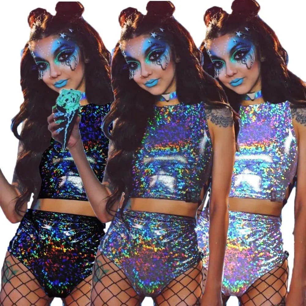 Holographic Reflect Festival Rave Outfits ärmellose Tanktops Supershorts Hose Nachtclub Karneval Party Damen 2-teilige Sets