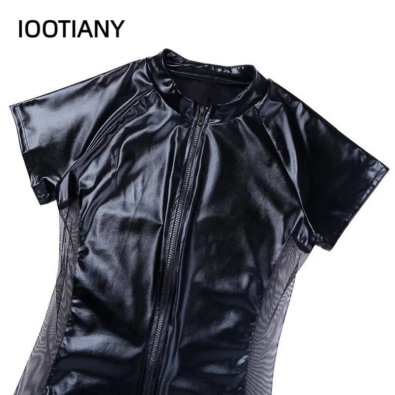 Wetlook Latex Catsuit Leather Man Jumpsuits Black Stretch PU Leather Bodysuits Sexy Clubwear Men  Zipper Open Crotch Catsuit