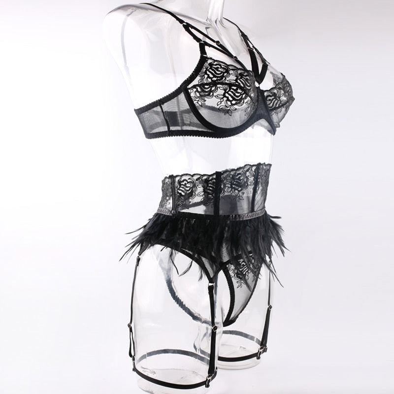 Feather Lingerie Embroidery Fancy Female Underwear Transparent Bra Luxury Lace Intimate Delicate  Brief Sets