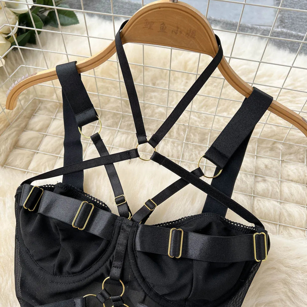 Wanita Mode Sheer Sexy Bodys Frauen Schnalle Crossing Halter Strap Öffnen Gabelung Nachtwäsche Aushöhlen Schlank Sinnliche Overall Wanita