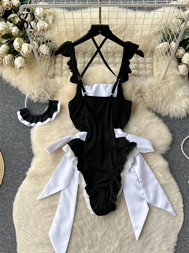 Maidservant Cospaly Sexy Playsuits Women Strap Ruffles Lace Sweet  Nightwear Backless Sensual  Bodysuits Wanita