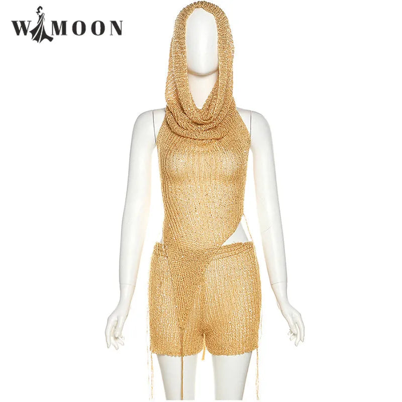 Gold Pailletten Halfter Kapuze Sexy Hohl Gestrickte Tank Tops und Shorts 2 Stück Set Frauen Rückenfreie Sommer Club Party Outfits