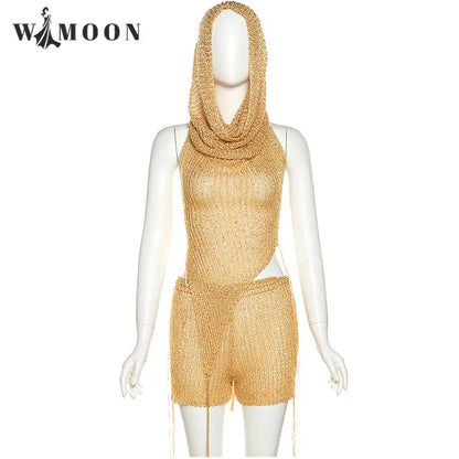 Gold Pailletten Halfter Kapuze Sexy Hohl Gestrickte Tank Tops und Shorts 2 Stück Set Frauen Rückenfreie Sommer Club Party Outfits