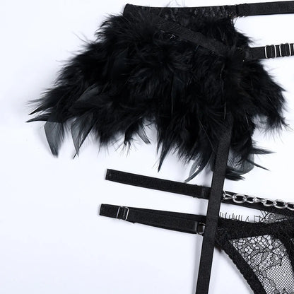 Conjuntos de lencería de plumas para mujer, conjunto de ropa interior de encaje con Tanga de lujo, conjunto de sujetador y bragas Sexy con liga de cadena Intim