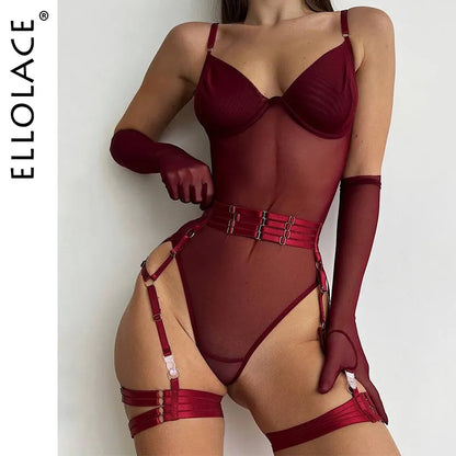 Body de encaje ajustado, cuerpo transparente Sexy con guantes, conjunto de liga para Club nocturno, Top de malla sin entrepierna