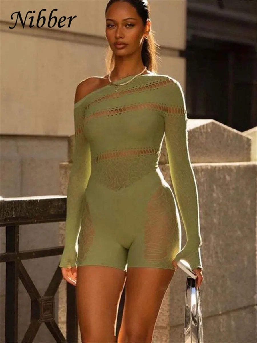 Nibber Lace Hollowing Mesh See Through Midnight Playsuits Women Sexy Inclined Shoulder Long Sleeve Patchwork Skinny Rompers Club