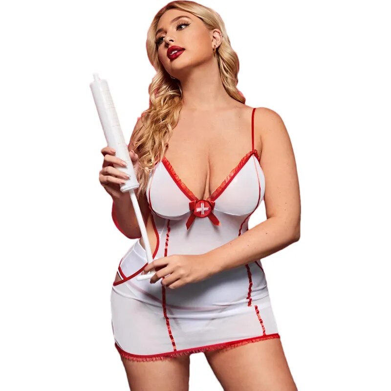 Große Größe Damen Sexy V-Ausschnitt Roleplay Krankenschwester Uniform Plus Size Rückenfrei Cosplay Krankenschwester Dessous Kleid XXL Fliter Kostüm