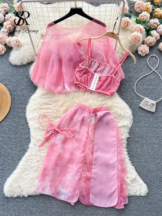 Women Floral Print   Outfit Ladies Elastic Camis+Lace Up Skirt+Thongs 2023 Transparent Sexy Nightsuits Wanita