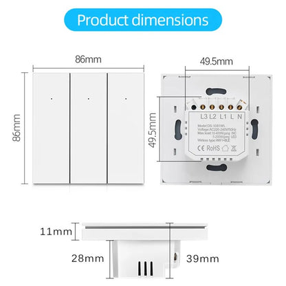 Interruptor de pared con botón WIFI Universal, No neutral, LED azul de 3 colores, TUYA, hogar inteligente, 2 vías/3 vías, Alexa, Google Home, Alice