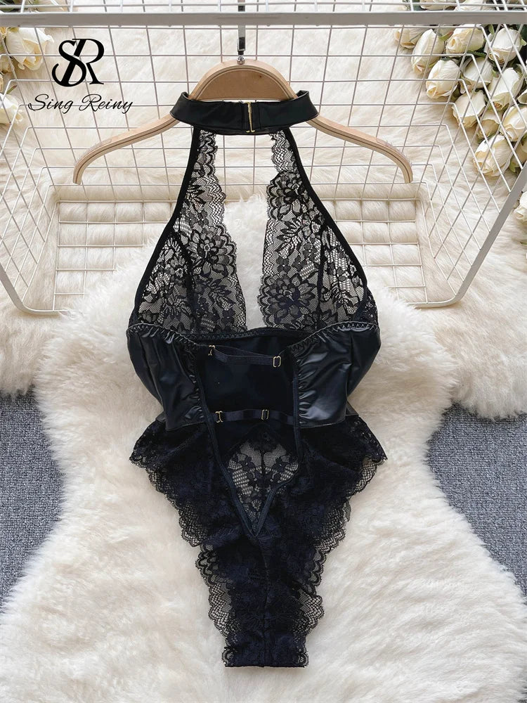 Women Halter Patchwork Lace Bodysuits V Neck Sleeveless Backless Sensual Nightwear PU Leather   Playsuits Wanita