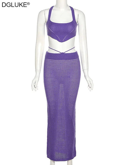 Conjunto de 2 piezas de punto morado, trajes de verano para mujer, trajes sexis de ganchillo para vacaciones en la playa, falda larga calada y conjunto recortado