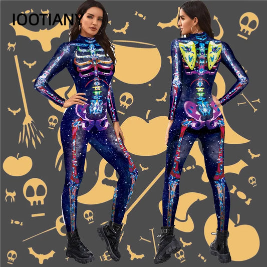 IOOTIANY Scary Skeleton Printed Bodysuit Halloween Party Cosplay Costume for Adult Jumpsuit Zentai Catsuit Carnival Clothing