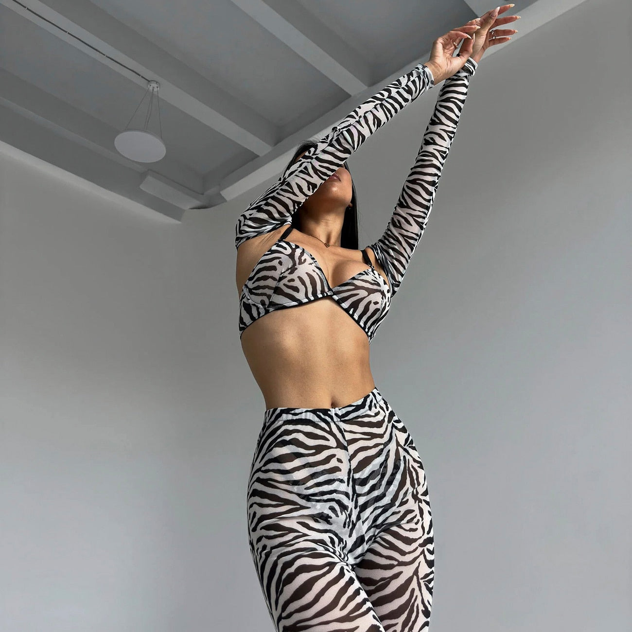 Zebra-Dessous für volles Crop-Top, enges Outfit, transparente transparente Spitze, nahtlose Intim-String-Slip-Sets