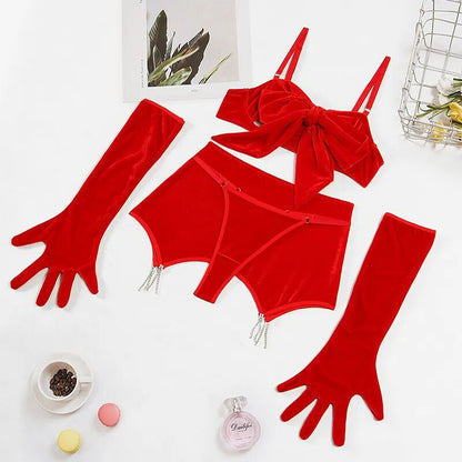 Lencería con lazo, trajes sexys rojos, sujetador abierto, ropa interior de terciopelo, productos íntimos sensuales con guantes, conjunto de bragas para festivales