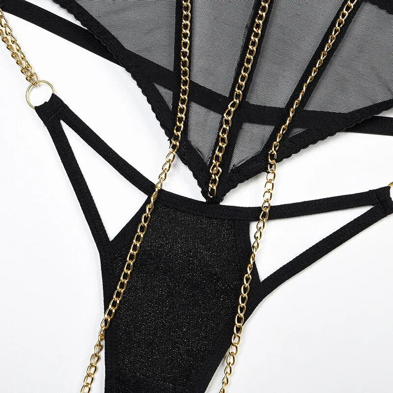 Zarte Dessous Feder BH Strumpfband mit Kette 4-teilige sexy Spitzenunterwäsche sinnliche intime schwarze Sexy Outfits